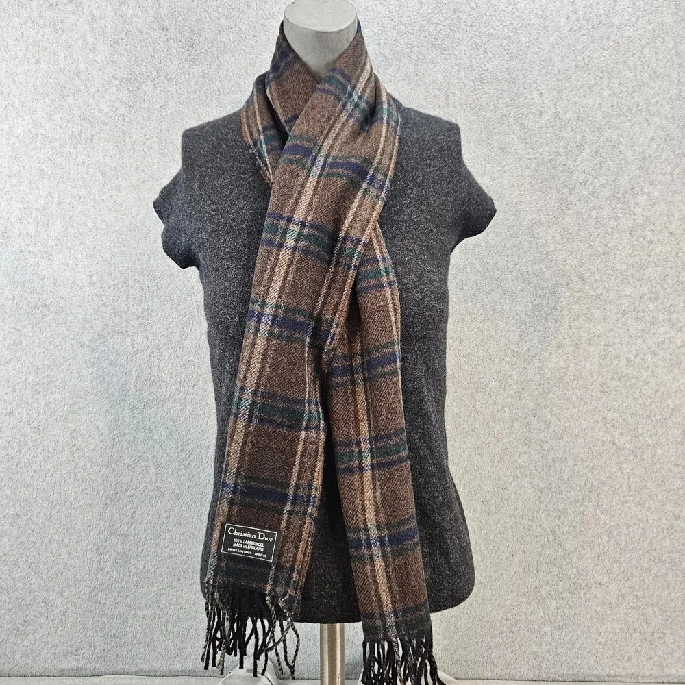 Christian Dior Vintage Brown Plaid Lambswool Scarf Made in England Fringed